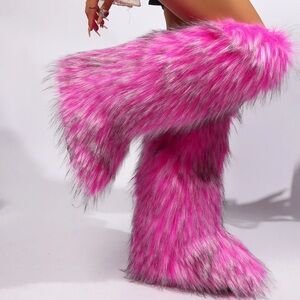 Pink Faux Fur Knee-High Boots – Plush Winter Fashion Boots